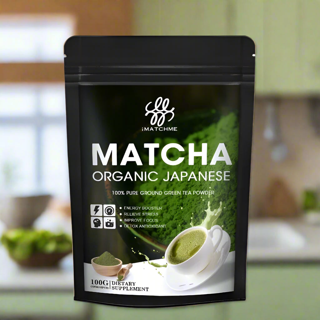 Matcha green tea powder package with branding and product details on a white background