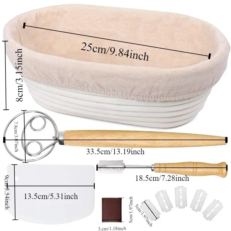 Bread proofing basket with dough scraper and bench scrapper, showing dimensions.
