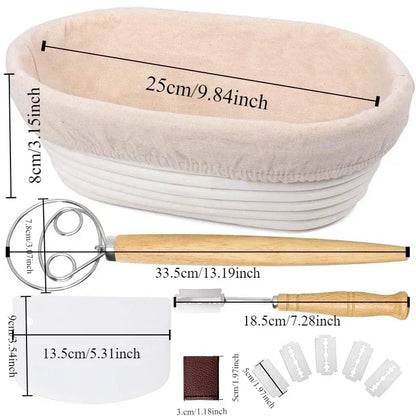 Bread proofing basket with dough scraper and bench scrapper, showing dimensions.