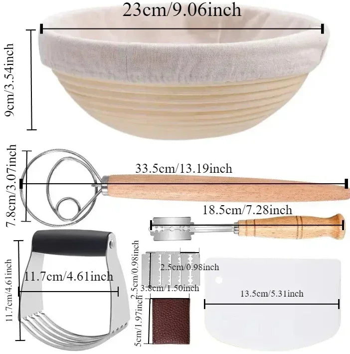 Bread-making tools with measurements on a white background