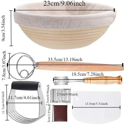 Bread-making tools with measurements on a white background