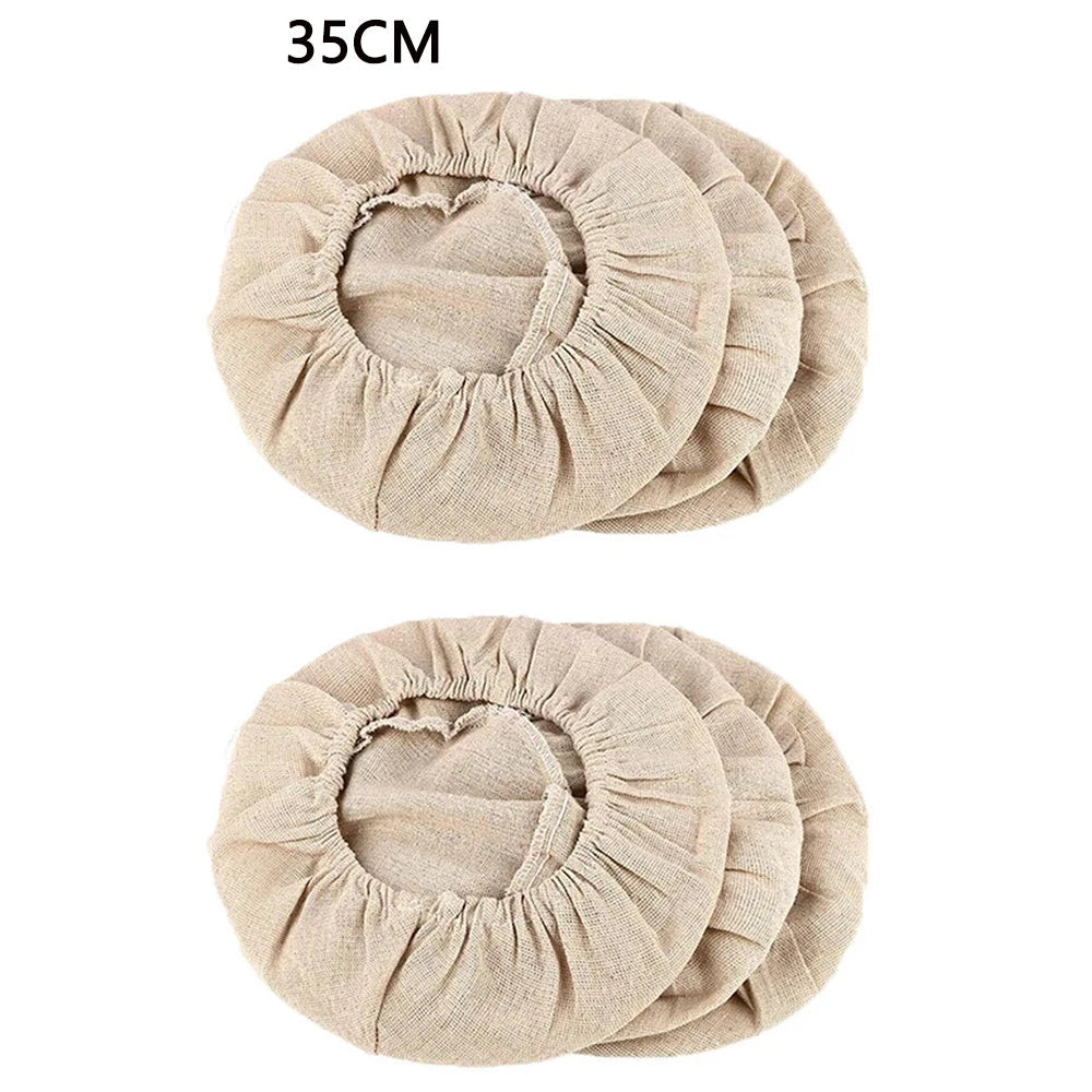Two beige pot covers with measurements on a white background