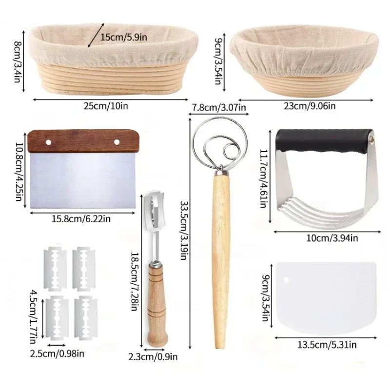 Set of bread-making tools with dimensions labeled
