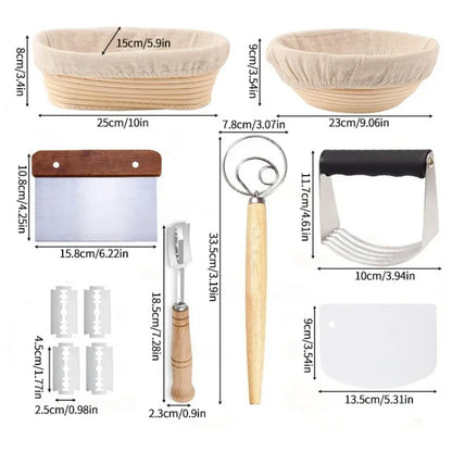 Set of bread-making tools with dimensions labeled