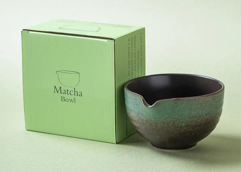 Matcha bowl with a green box on a light background