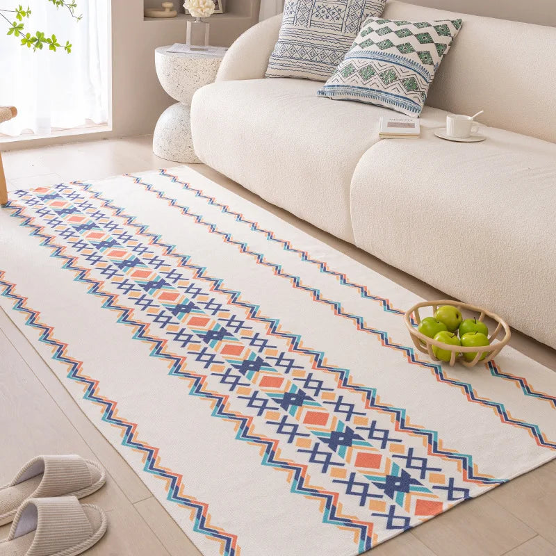 Patterned rug on a light wood floor with a white sofa and decorative items in the background.