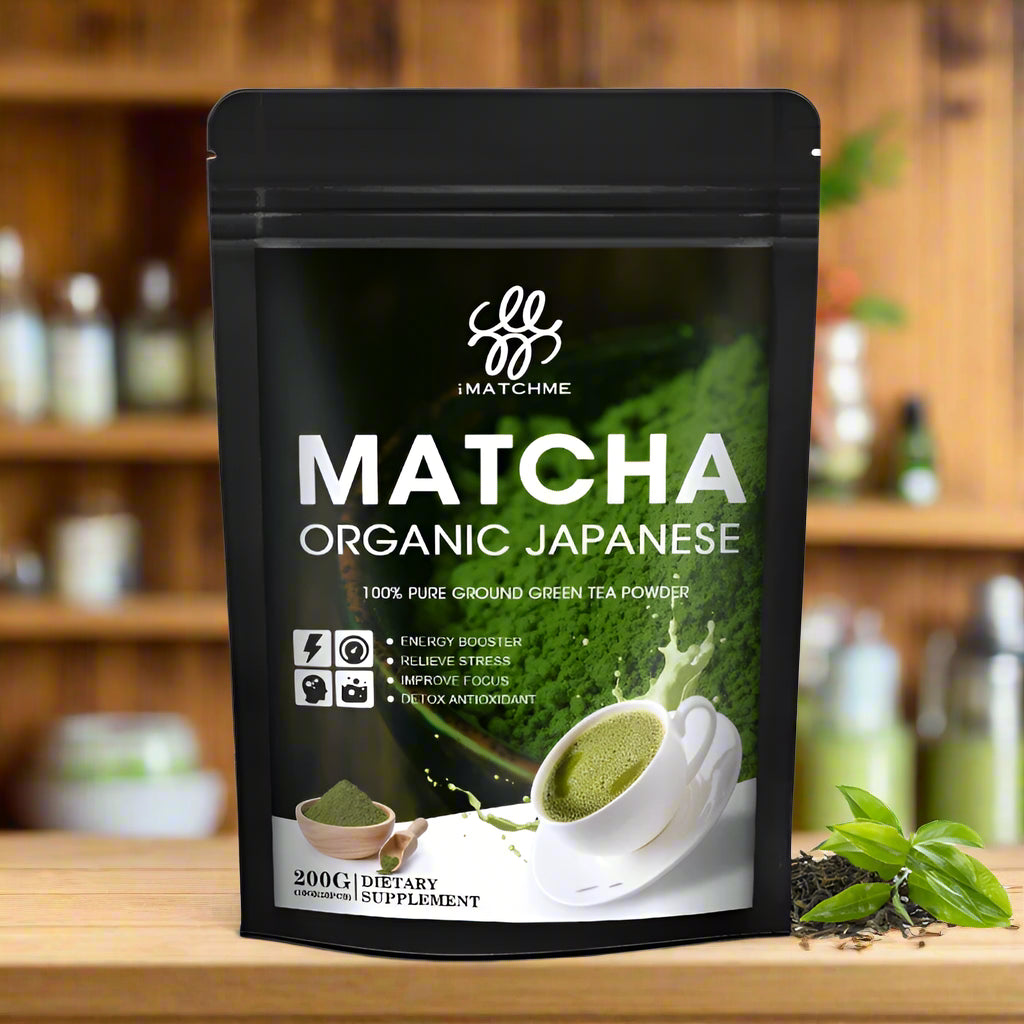 Matcha green tea powder package with branding and product details on a white background
