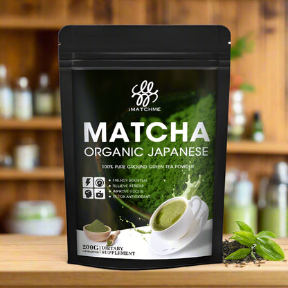 Matcha green tea powder package with branding and product details on a white background