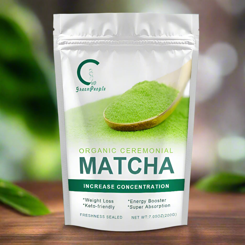 Packaging of Green People Organic Ceremonial Matcha with a spoonful of matcha on a white background