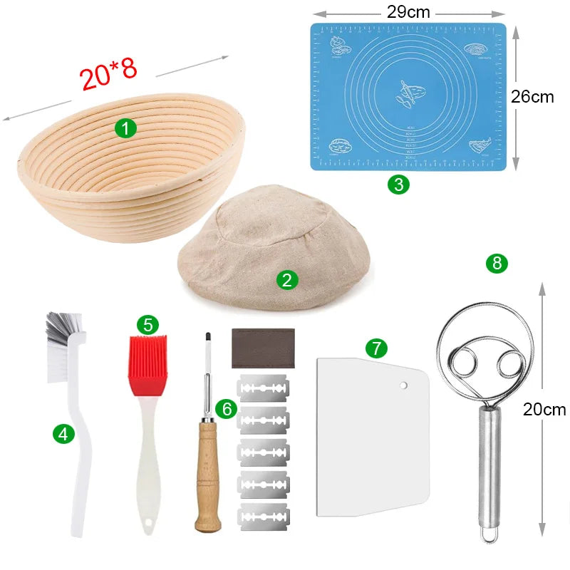 Collection of baking tools with measurements on a white background