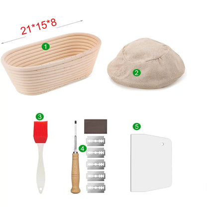 Bread-making kit with bread basket, bread dough, brush, scoring tool, and scraper on a white background.