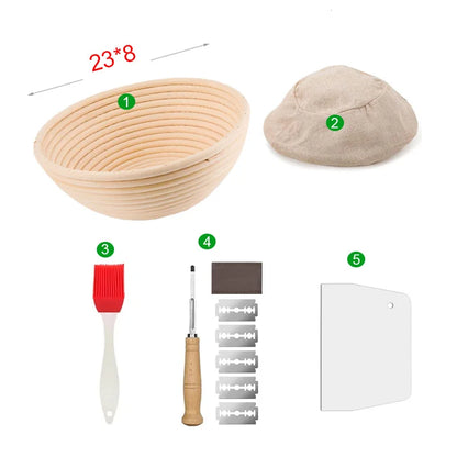Set of bread-making tools including a basket, scraper, and other utensils on a white background.
