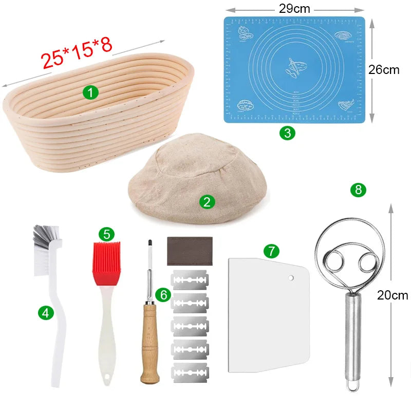 Collection of baking tools with measurements on a white background
