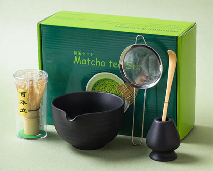 Matcha tea set with a green box on a light green background