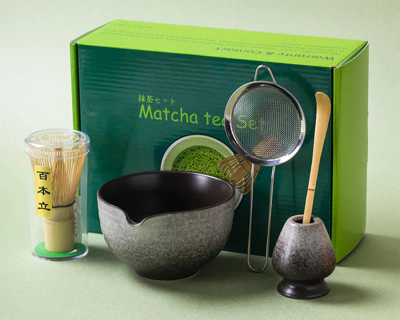 Matcha tea set with a green box labeled 'Matcha tea set' on a light green background.