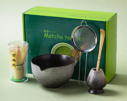 Matcha tea set with a green box labeled 'Matcha tea set' on a light green background.