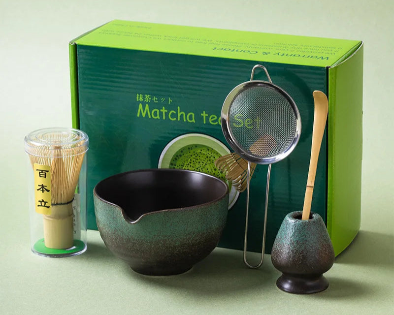 Matcha tea set with a green box on a light green background