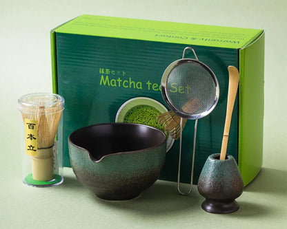 Matcha tea set with a green box on a light green background