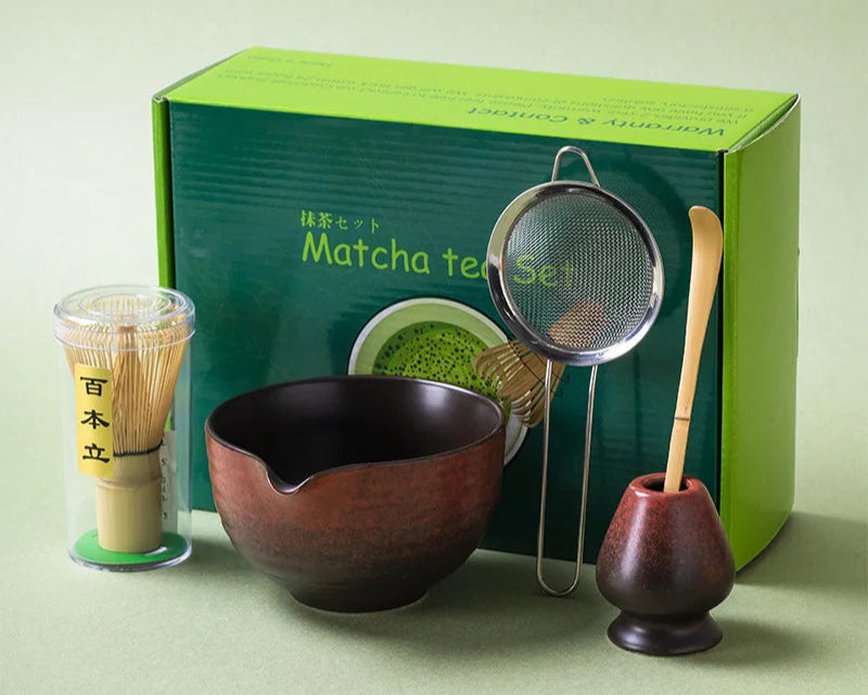 Matcha tea set with a green box labeled 'Matcha tea set' on a light green background.