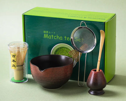 Matcha tea set with a green box labeled 'Matcha tea set' on a light green background.