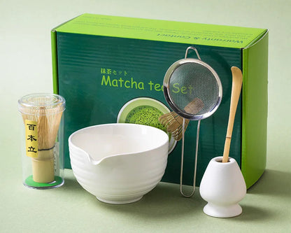 Matcha tea set with a green box labeled 'Matcha tea set' on a light green background.