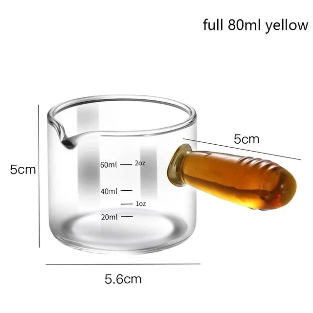 Glass measuring cup with honey and measurements on a white background