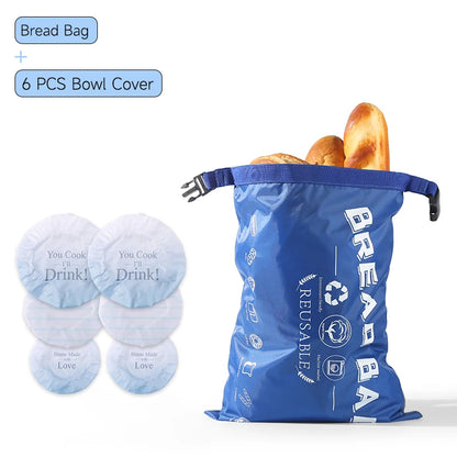 Blue reusable bread bag with bread and bowl covers on a white background