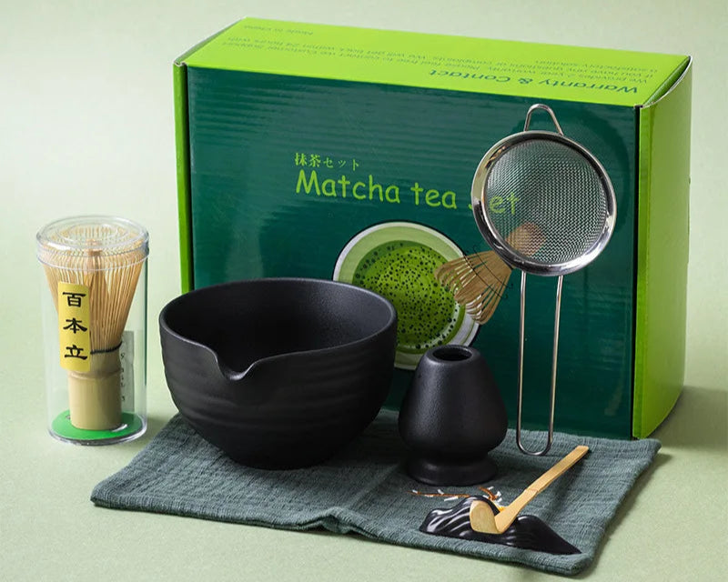 Matcha tea set with a green box labeled 'Matcha tea set' on a light green background.
