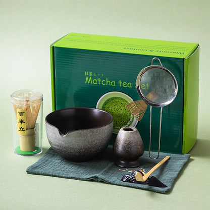 Matcha tea set with green box on a light green background