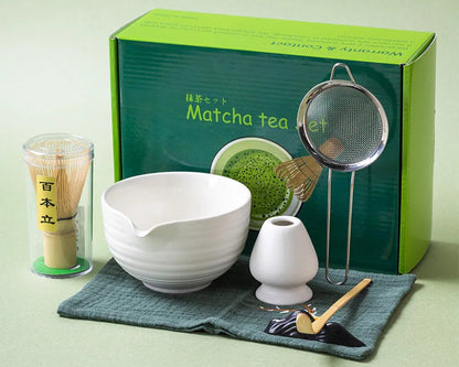 Matcha tea set with a green box labeled 'Matcha tea set' on a light green background.