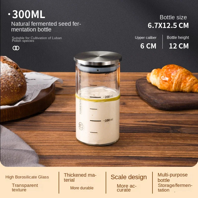 300ml natural fermented seed fermentation bottle on a wooden surface with bread and a croissant.