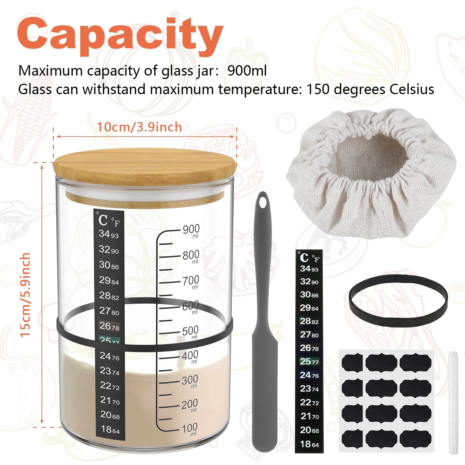 Glass jar with wooden lid, measuring scale, and accessories on a white background