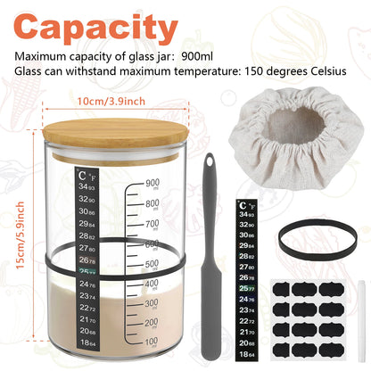 Glass jar with wooden lid, measuring scale, and accessories on a white background