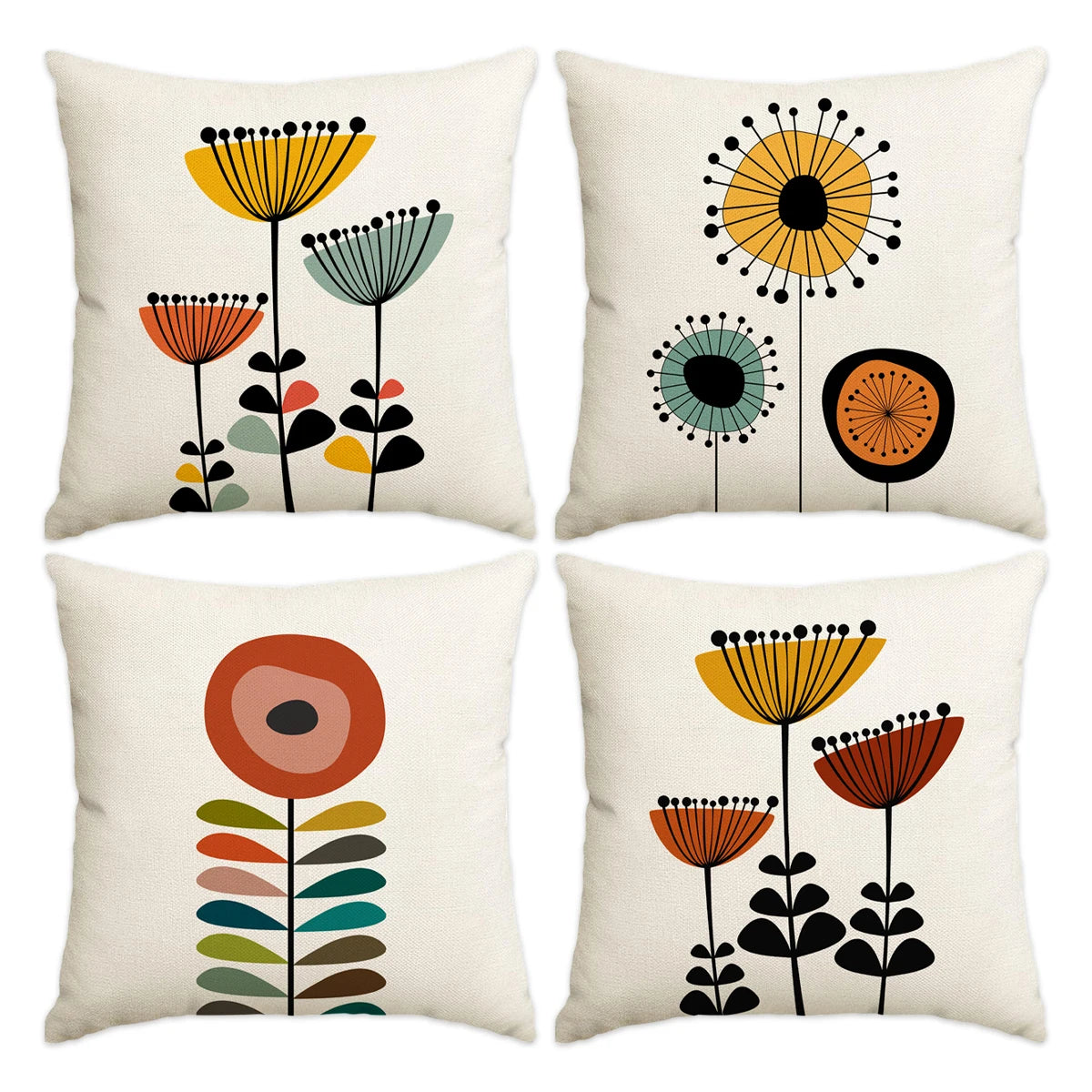 Four decorative pillows with floral patterns on a white background