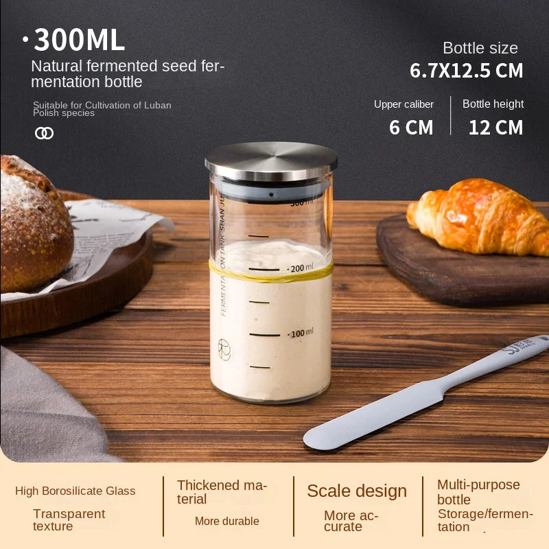 300ml natural fermented seed fermentation bottle on a wooden surface with bread and a croissant.