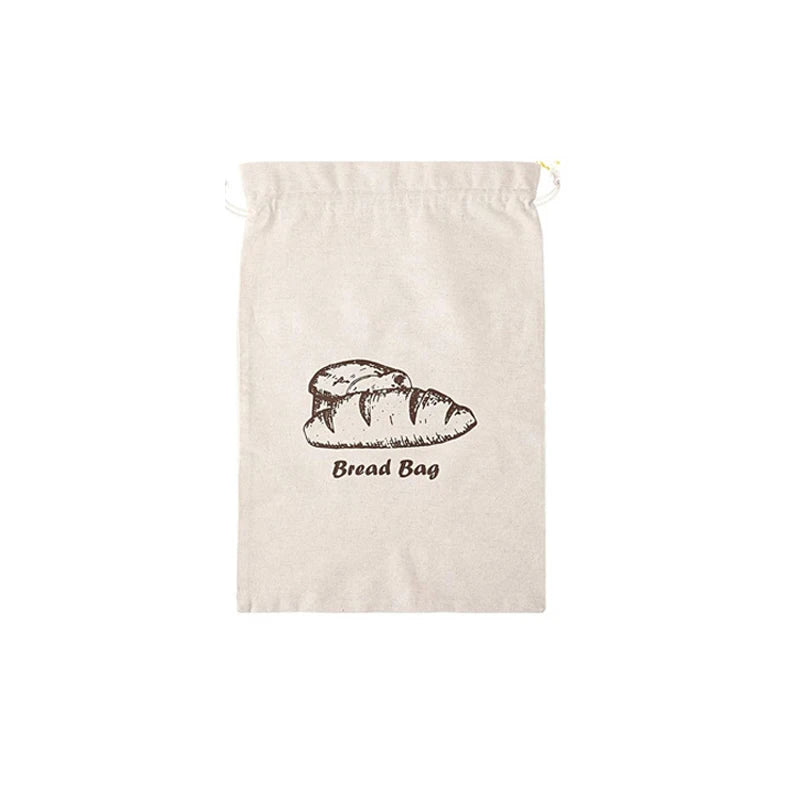 Beige drawstring bread bag with bread illustration and 'Bread Bag' text on a white background
