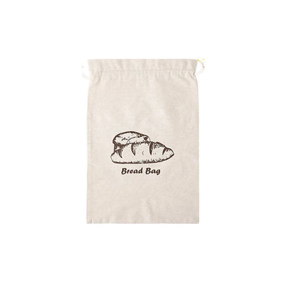Beige drawstring bread bag with bread illustration and 'Bread Bag' text on a white background