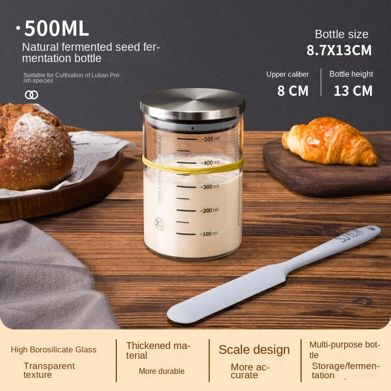 500ml natural fermented seed fermentation bottle with bread and a croissant on a wooden table.
