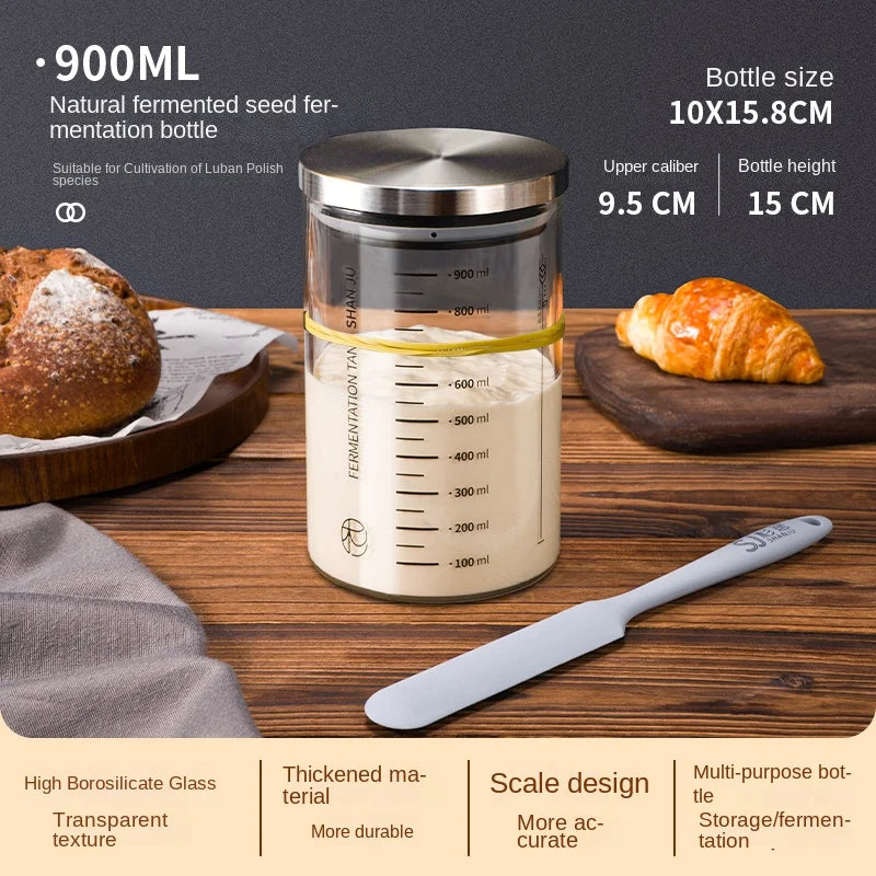 Fermentation bottle with bread and a knife on a wooden surface, featuring product details.