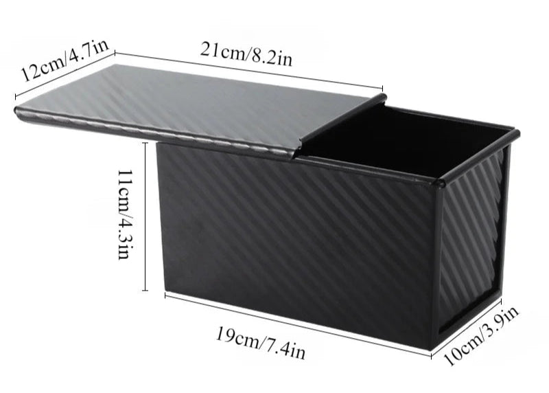 Black rectangular box with carbon fiber pattern and measurements on a white background