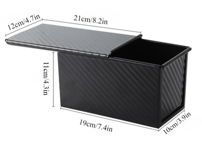 Black rectangular box with carbon fiber pattern and measurements on a white background