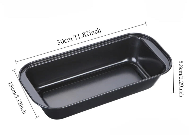 Black rectangular baking pan with measurements on a white background