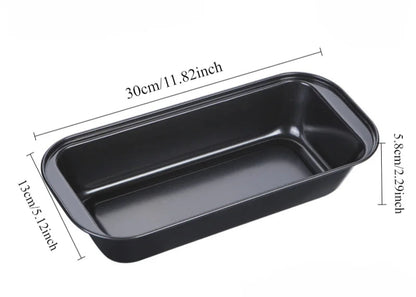 Black rectangular baking pan with measurements on a white background