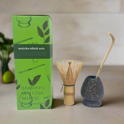 Bamboo matcha whisk set with packaging on a white background