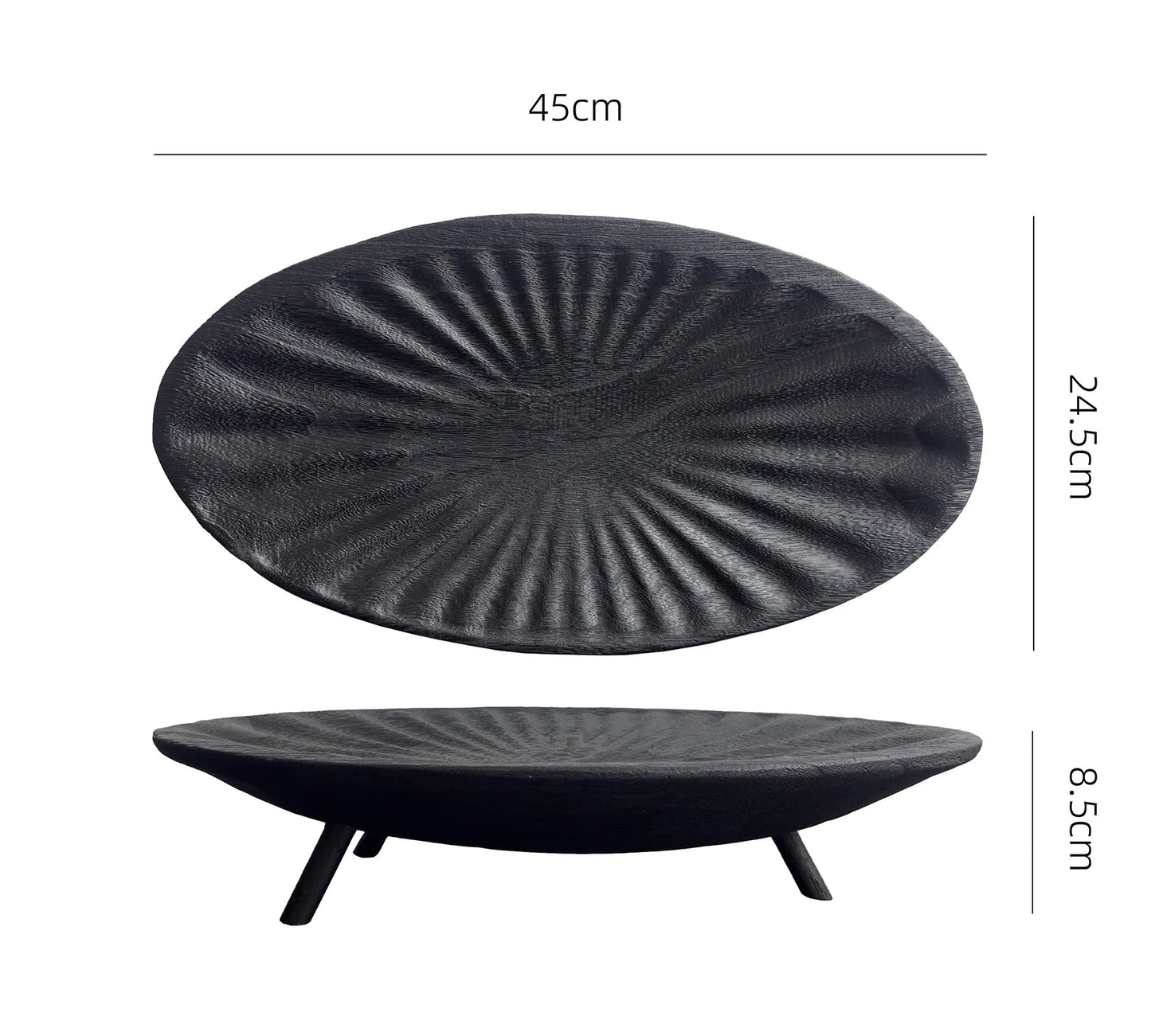 Black textured round object with dimensions on a white background