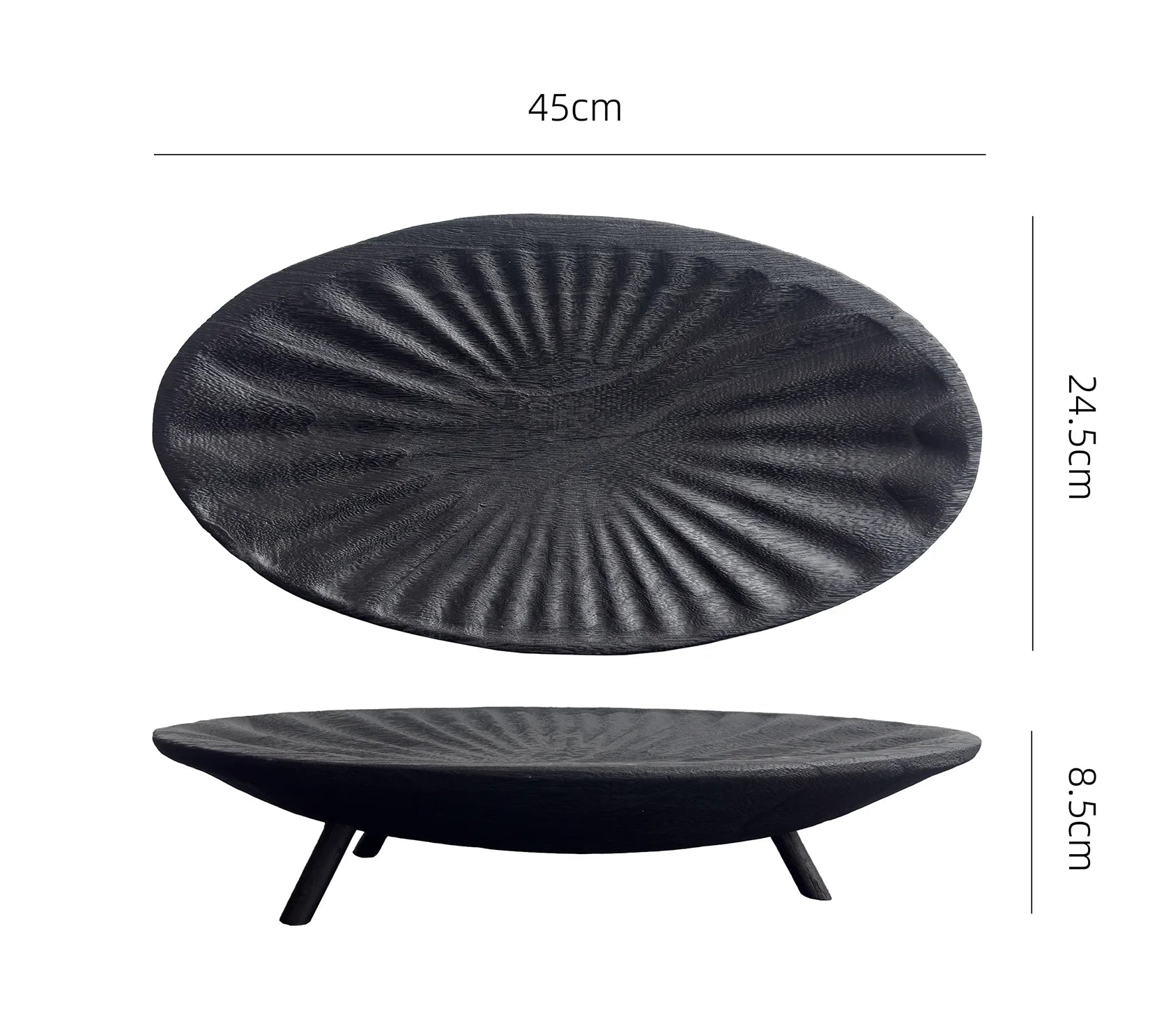Black textured round object with dimensions on a white background