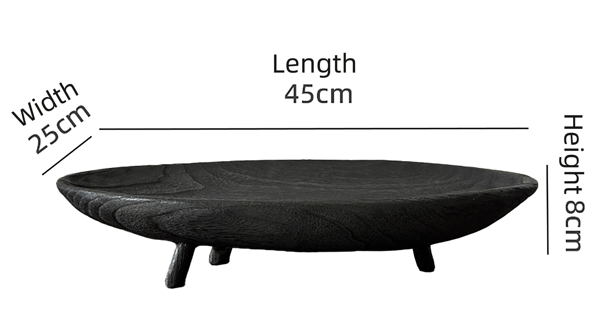 Black wooden bowl with measurements on a white background