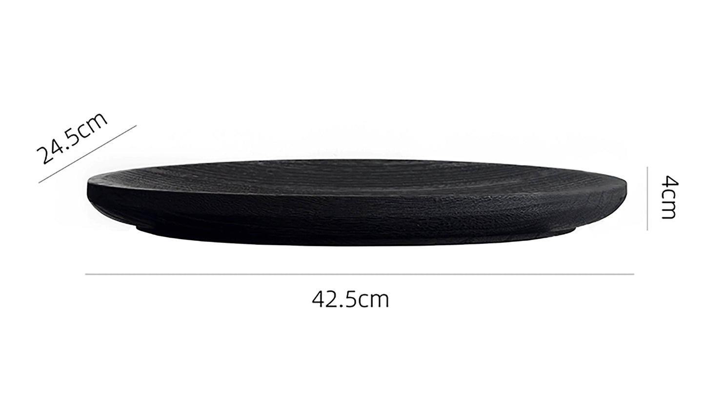 Wooden round tray with dimensions and texture information on a white background