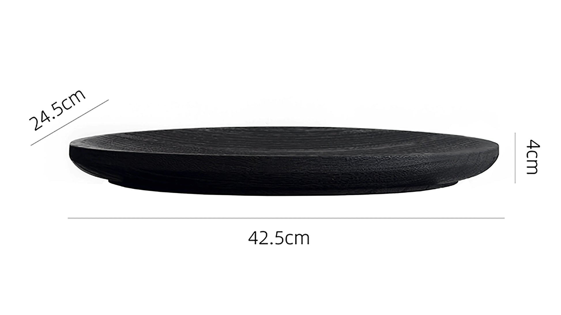Wooden round tray with dimensions and texture information on a white background
