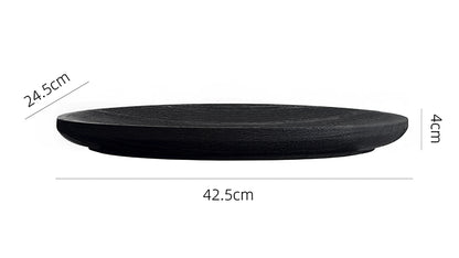 Wooden round tray with dimensions and texture information on a white background